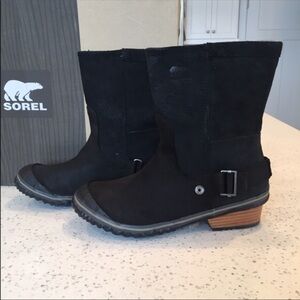 Sorel Black Suede Short Buckle Booties with Wood-Stack Heel